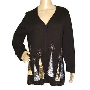 Berek Cardigan Full Zip Christmas Trees Embellished Silver Gold Sequins Sz L T38